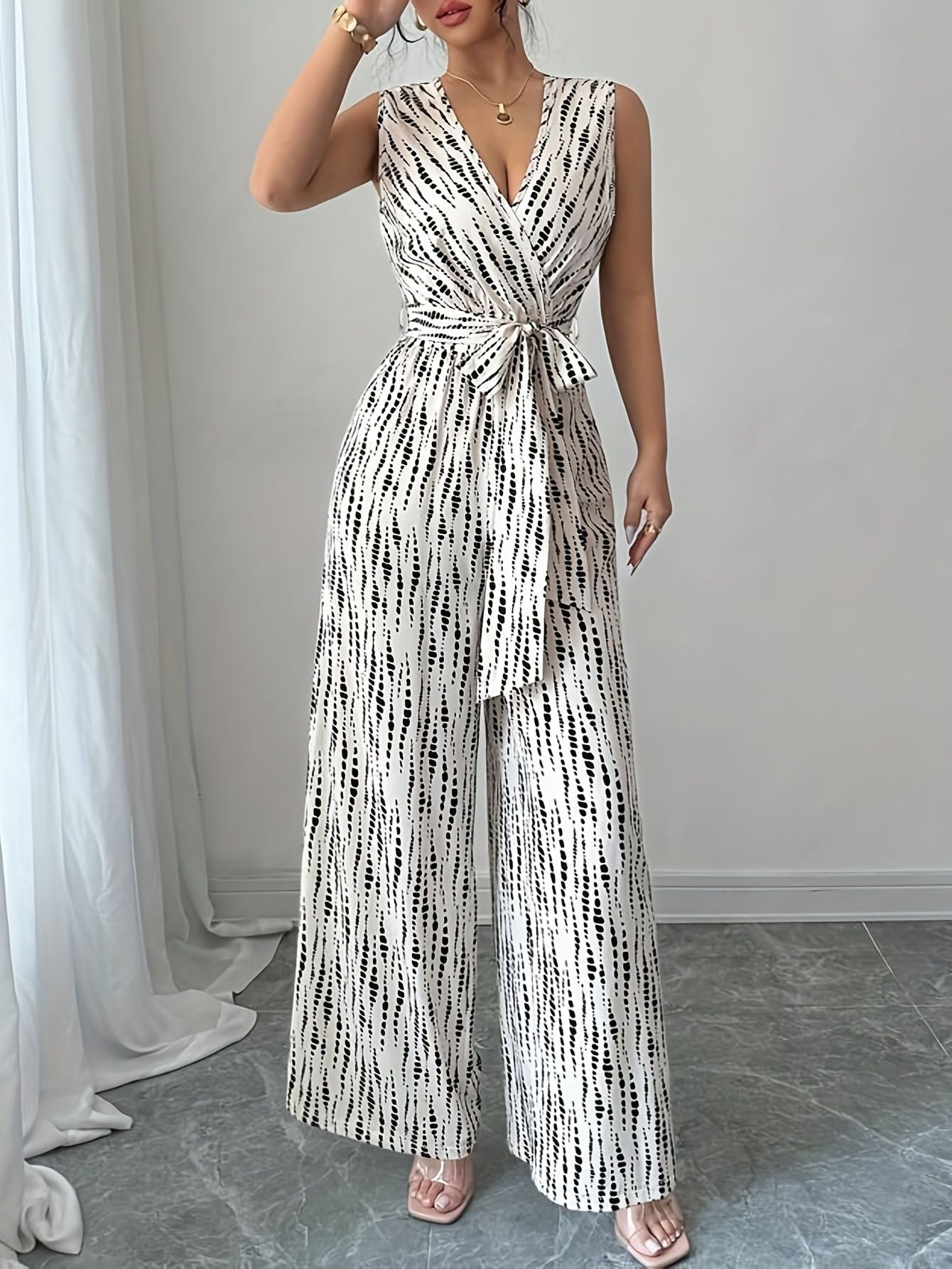 V Neck Jumpsuit Printed Wide Leg Fashion Junki