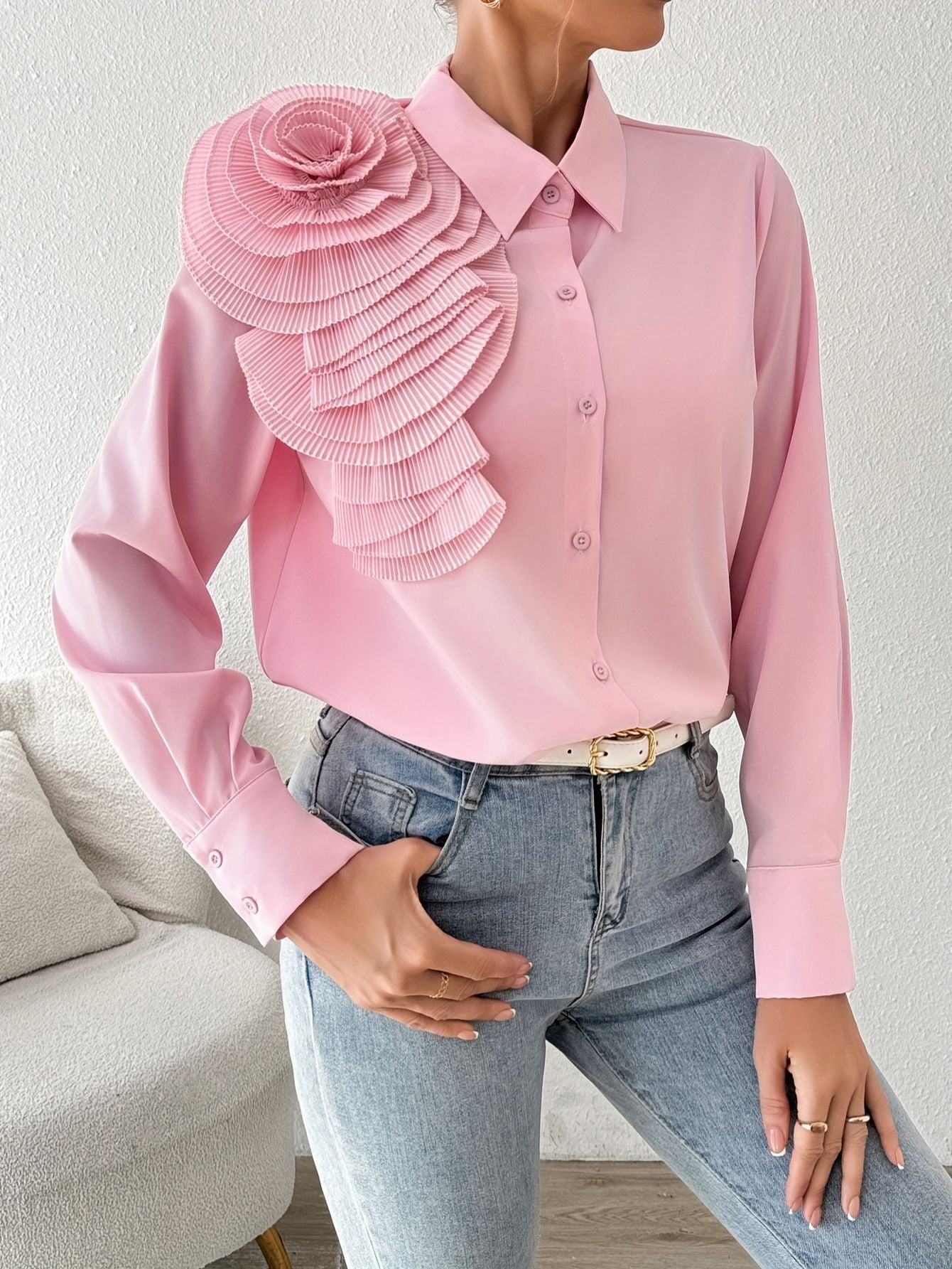 Elegant Long Sleeve Blouse with Floral Fashion Junki