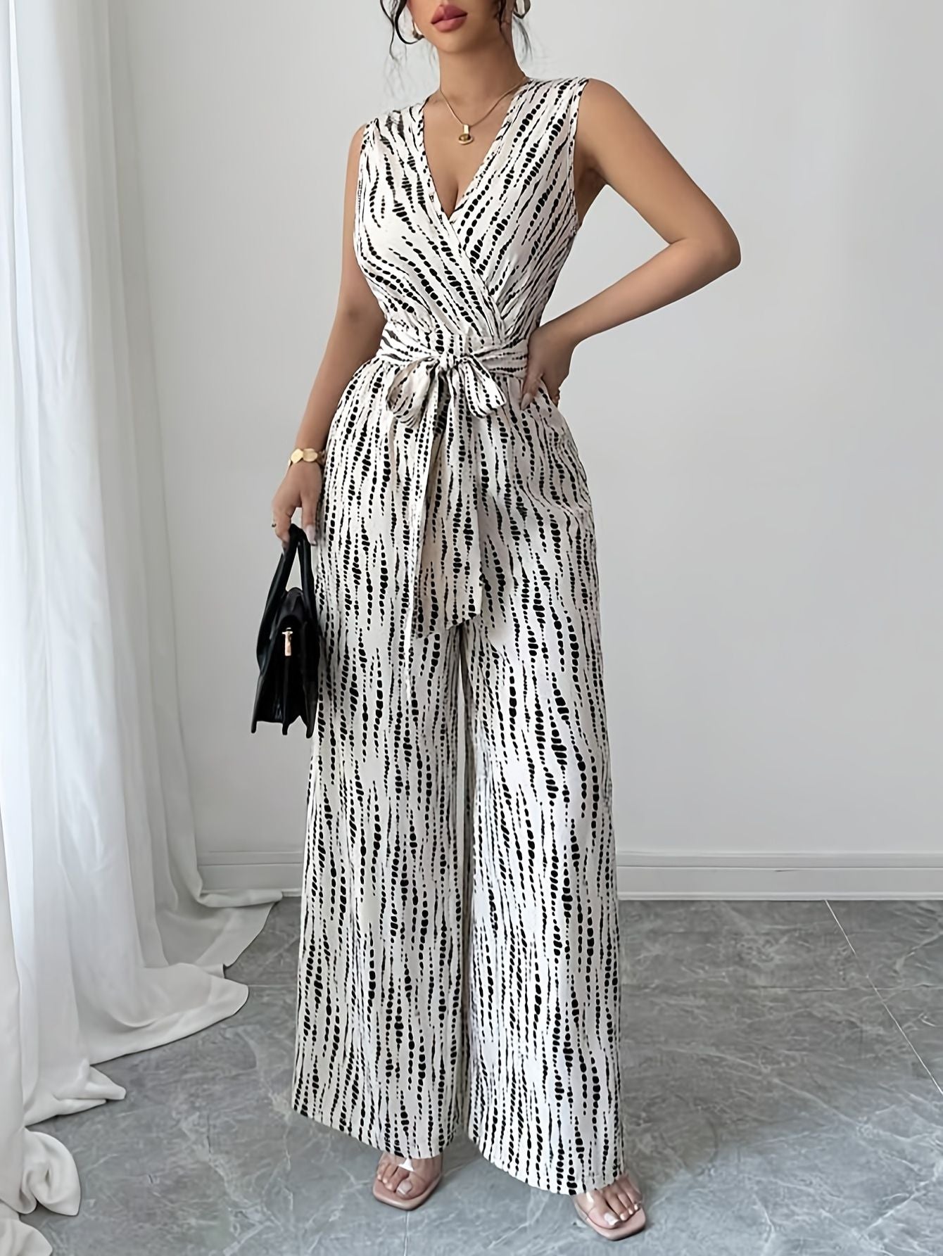 V Neck Jumpsuit Printed Wide Leg Fashion Junki