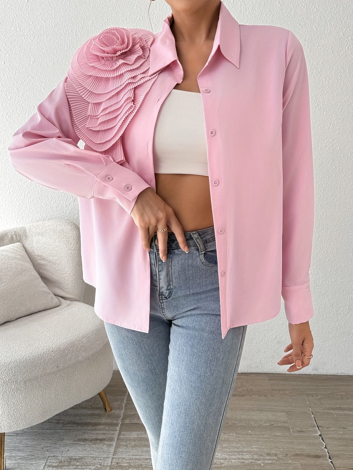 Elegant Long Sleeve Blouse with Floral Fashion Junki