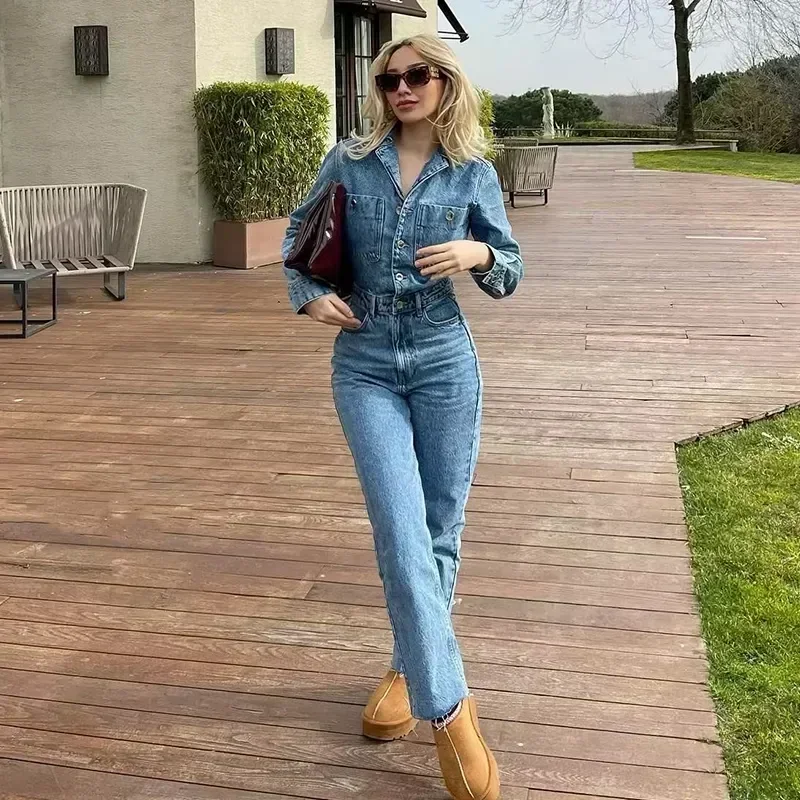 Denim Long Sleeve Jumpsuit