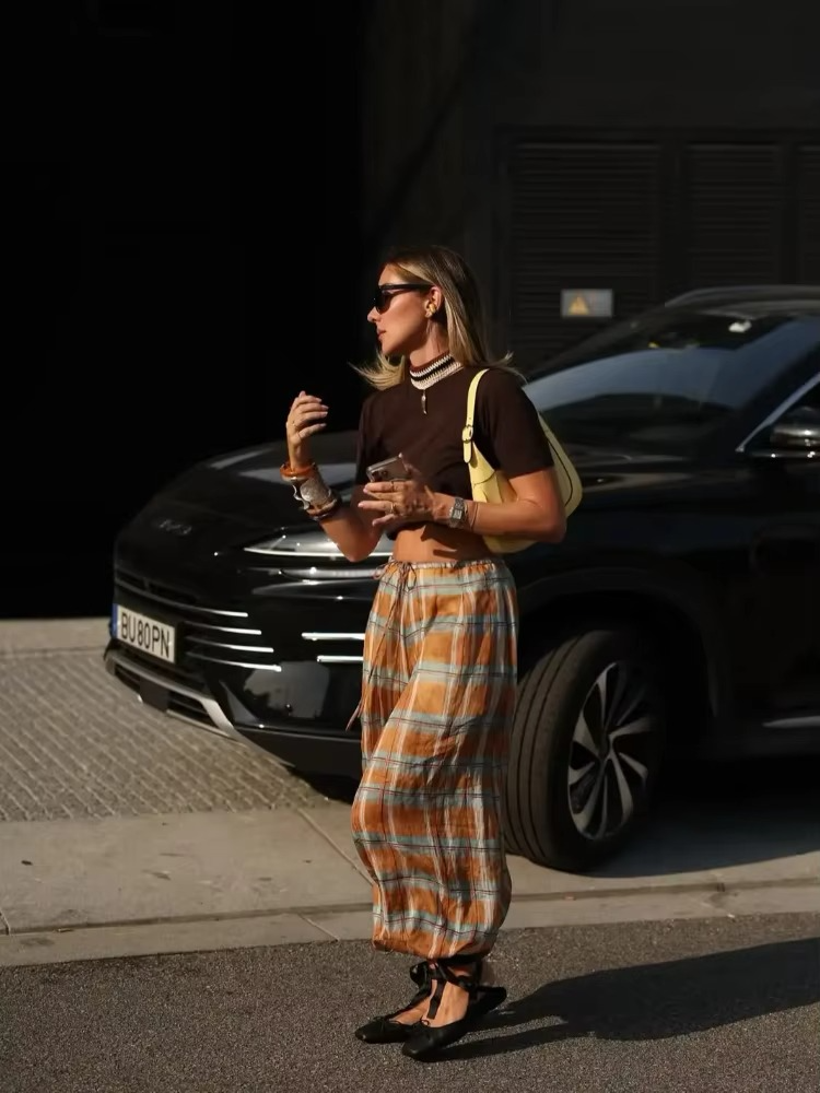 Checked Lace Up Lantern Pants