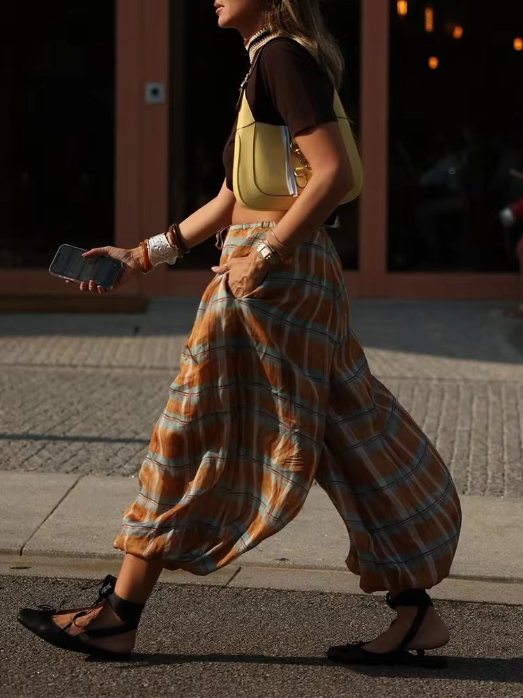 Checked Lace Up Lantern Pants