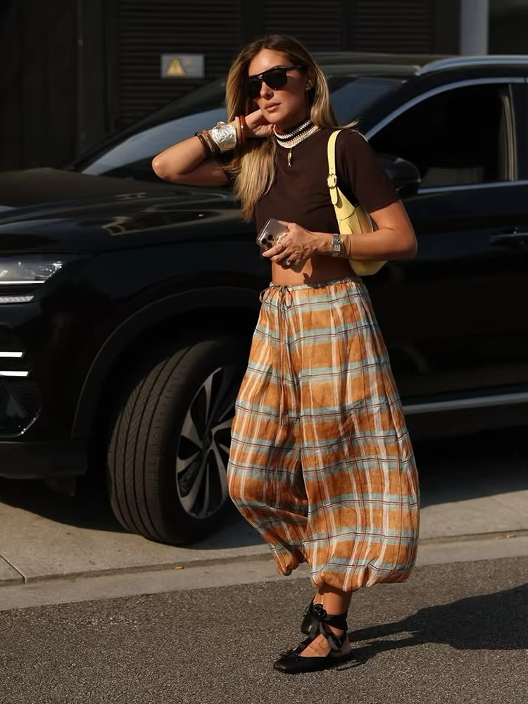 Checked Lace Up Lantern Pants